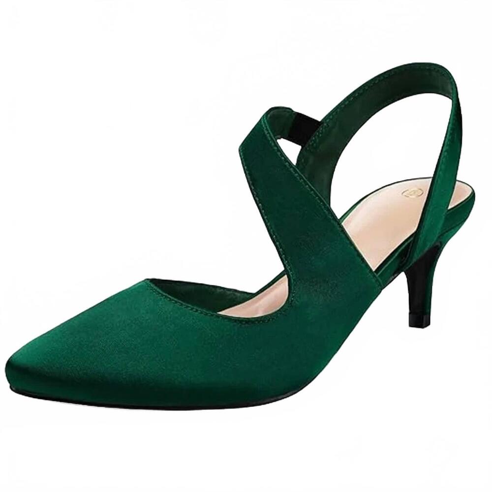 NEW MYSOFT women's satin closed toe slingback heels in dark green